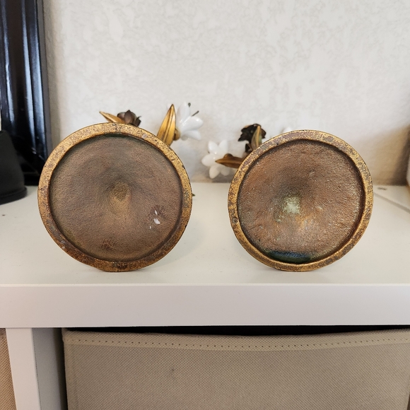 Vintage Brass & Porcelain Hollywood Regency Ceramic Candlestick Holder Set - Picture 6 of 7